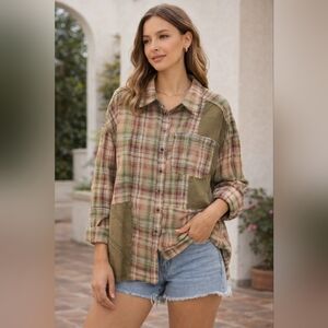 SHEIN Boho Raw Hem Military Green Plaid Shirt